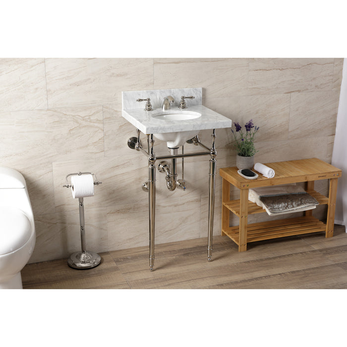 Edwardian KVPB1917M386ST 19-Inch Carrara Marble Console Sink with Brass Legs (8-Inch, 3-Hole), Carrara Marble White/Polished Nickel