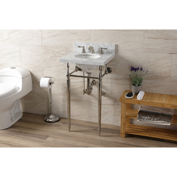 Edwardian KVPB1917M386ST 19-Inch Carrara Marble Console Sink with Brass Legs (8-Inch, 3-Hole), Carrara Marble White/Polished Nickel