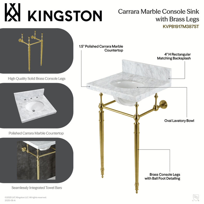 Kingston Heirloom KVPB1917M387ST - Edwardian 19-Inch Carrara Marble Console Sink with Brass Legs (8-Inch, 3-Hole), Carrara Marble White/Brushed Brass