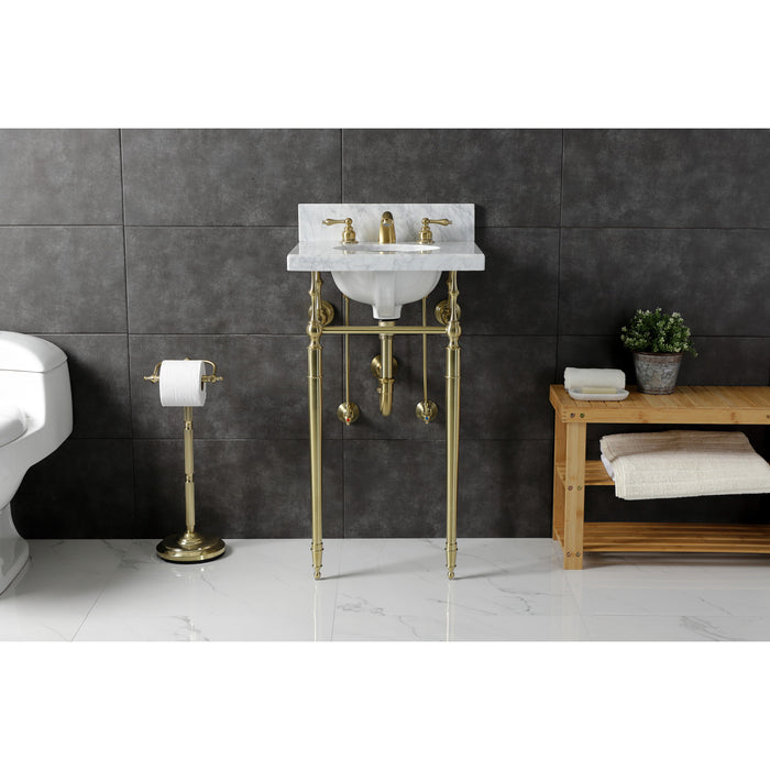 Kingston Heirloom KVPB1917M387ST - Edwardian 19-Inch Carrara Marble Console Sink with Brass Legs (8-Inch, 3-Hole), Carrara Marble White/Brushed Brass