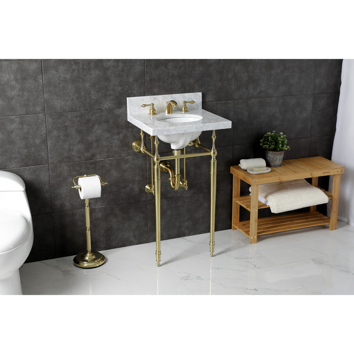 Kingston Heirloom KVPB1917M387ST - Edwardian 19-Inch Carrara Marble Console Sink with Brass Legs (8-Inch, 3-Hole), Carrara Marble White/Brushed Brass
