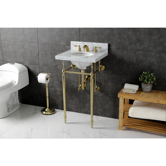 Kingston Heirloom KVPB1917M387ST - Edwardian 19-Inch Carrara Marble Console Sink with Brass Legs (8-Inch, 3-Hole), Carrara Marble White/Brushed Brass