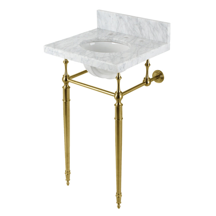 Kingston Heirloom KVPB1917M387ST - Edwardian 19-Inch Carrara Marble Console Sink with Brass Legs (8-Inch, 3-Hole), Carrara Marble White/Brushed Brass