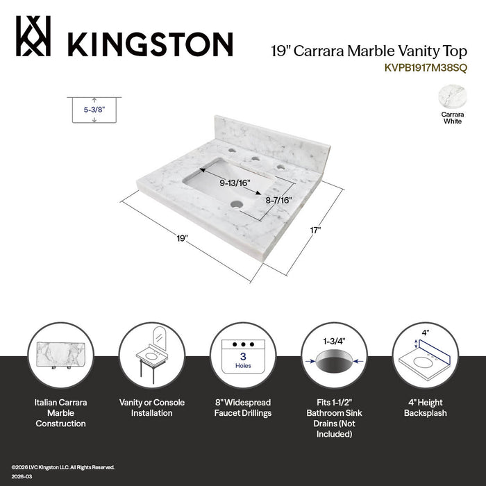 Kingston Tulare KVPB1917M38SQ - Fredrickson 19-Inch Carrara Marble Vanity Sink Top (8" Faucet Drillings), Carrara White