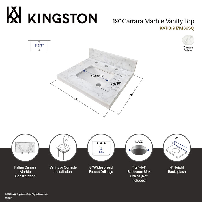 Fredrickson KVPB1917M38SQ 19-Inch Carrara Marble Vanity Sink Top (8" Faucet Drillings), Carrara White