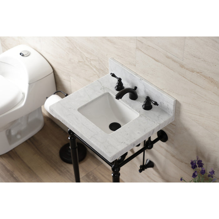 Kingston Heirloom KVPB1917M8SQ0 - Edwardian 19-Inch Carrara Marble Console Sink with Brass Legs (8-Inch, 3-Hole), Carrara Marble White/Matte Black