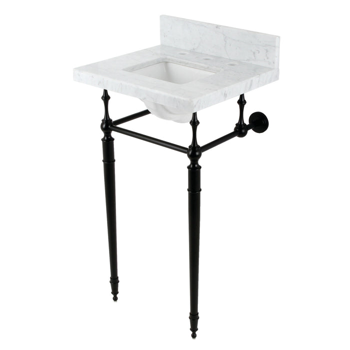 Kingston Heirloom KVPB1917M8SQ0 - Edwardian 19-Inch Carrara Marble Console Sink with Brass Legs (8-Inch, 3-Hole), Carrara Marble White/Matte Black