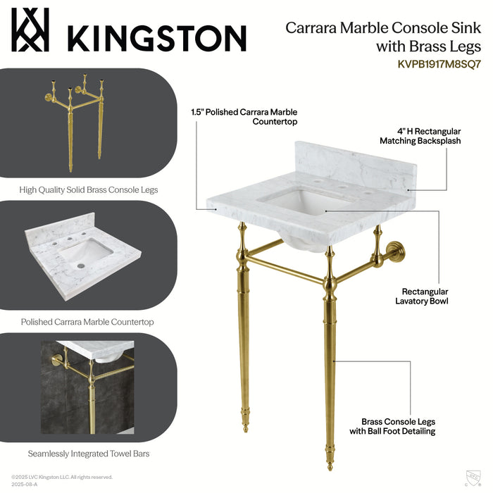 Kingston Heirloom KVPB1917M8SQ1 - Edwardian 19-Inch Carrara Marble Console Sink with Brass Legs (8-Inch, 3-Hole), Carrara Marble White/Polished Chrome