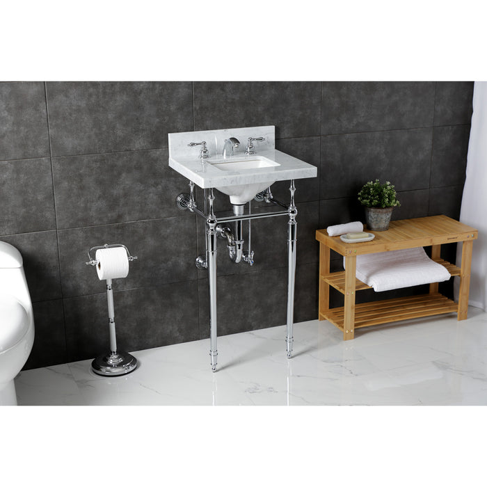 Kingston Heirloom KVPB1917M8SQ1 - Edwardian 19-Inch Carrara Marble Console Sink with Brass Legs (8-Inch, 3-Hole), Carrara Marble White/Polished Chrome