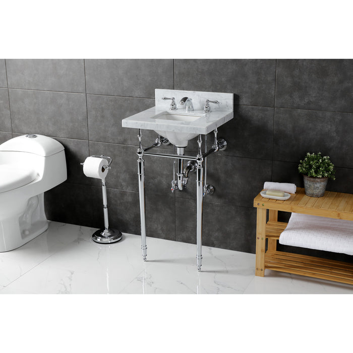Kingston Heirloom KVPB1917M8SQ1 - Edwardian 19-Inch Carrara Marble Console Sink with Brass Legs (8-Inch, 3-Hole), Carrara Marble White/Polished Chrome