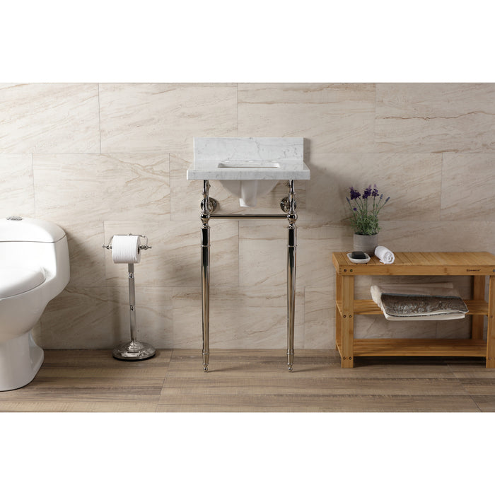 Kingston Heirloom KVPB1917M8SQ6 - Edwardian 19-Inch Carrara Marble Console Sink with Brass Legs (8-Inch, 3-Hole), Carrara Marble White/Polished Nickel