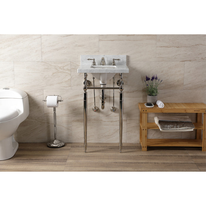 Kingston Heirloom KVPB1917M8SQ6 - Edwardian 19-Inch Carrara Marble Console Sink with Brass Legs (8-Inch, 3-Hole), Carrara Marble White/Polished Nickel