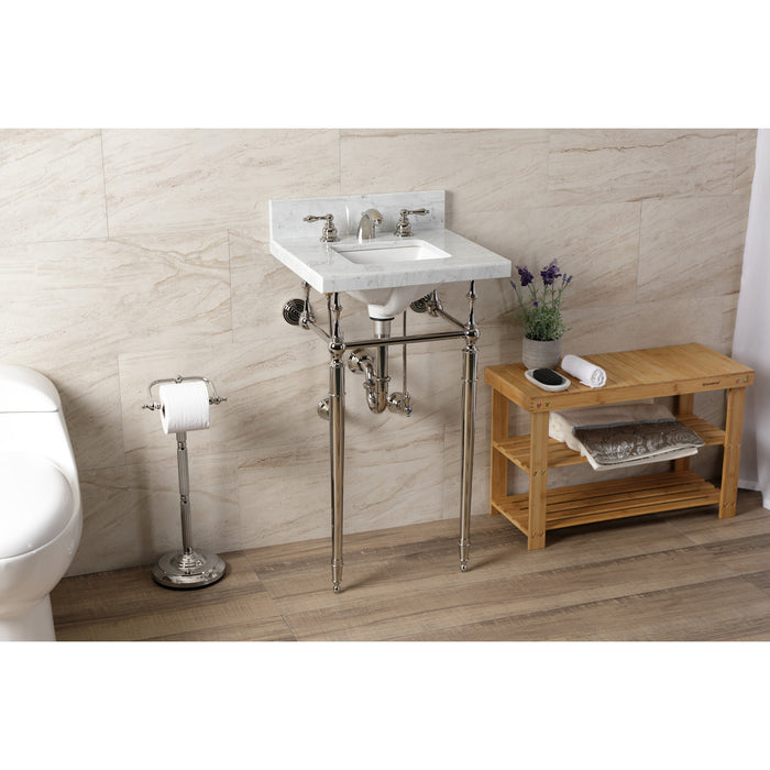 Kingston Heirloom KVPB1917M8SQ6 - Edwardian 19-Inch Carrara Marble Console Sink with Brass Legs (8-Inch, 3-Hole), Carrara Marble White/Polished Nickel
