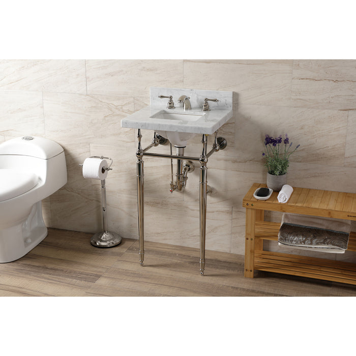 Kingston Heirloom KVPB1917M8SQ6 - Edwardian 19-Inch Carrara Marble Console Sink with Brass Legs (8-Inch, 3-Hole), Carrara Marble White/Polished Nickel