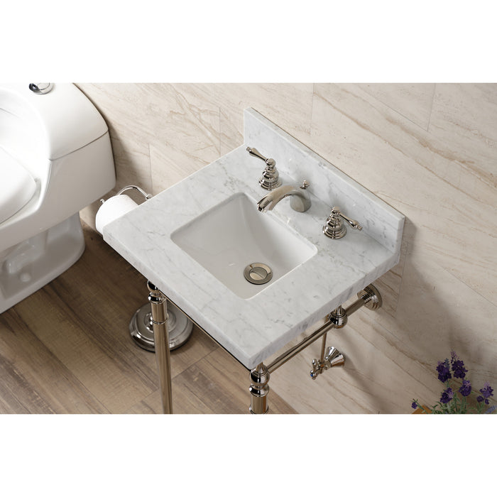 Kingston Heirloom KVPB1917M8SQ6 - Edwardian 19-Inch Carrara Marble Console Sink with Brass Legs (8-Inch, 3-Hole), Carrara Marble White/Polished Nickel