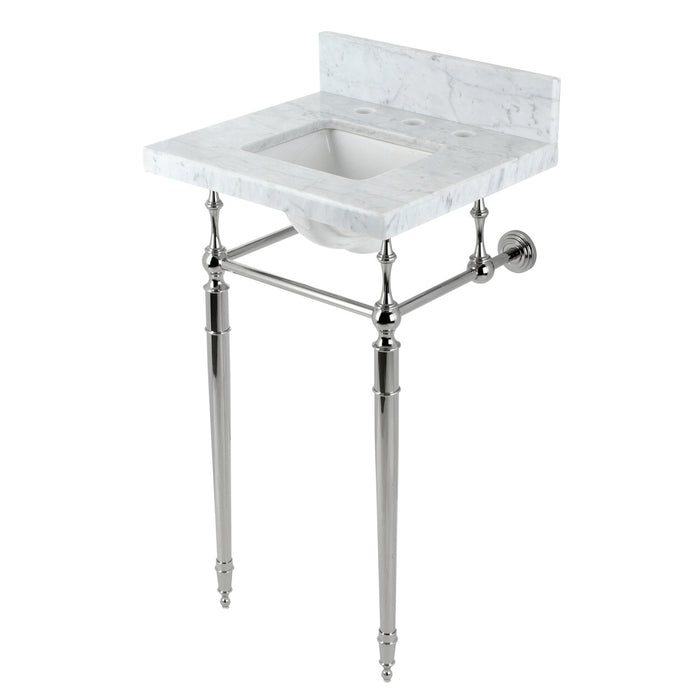 Kingston Heirloom KVPB1917M8SQ6 - Edwardian 19-Inch Carrara Marble Console Sink with Brass Legs (8-Inch, 3-Hole), Carrara Marble White/Polished Nickel