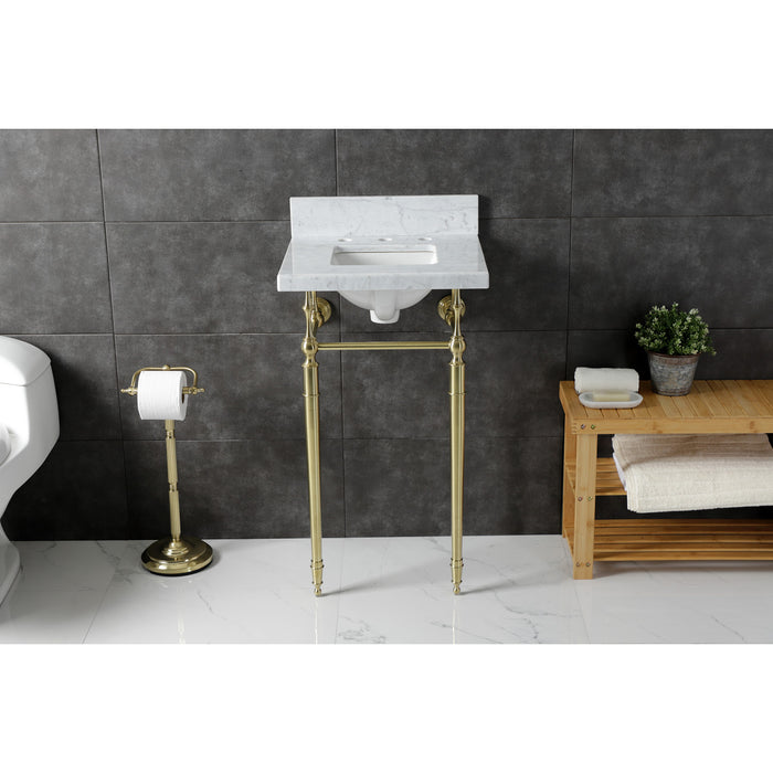 Kingston Heirloom KVPB1917M8SQ7 - Edwardian 19-Inch Carrara Marble Console Sink with Brass Legs (8-Inch, 3-Hole), Carrara Marble White/Brushed Brass