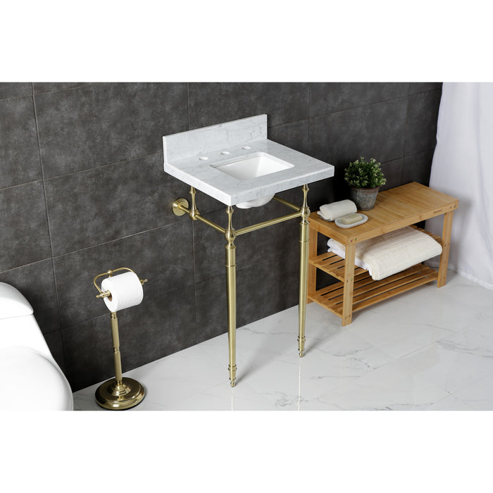 Kingston Heirloom KVPB1917M8SQ7 - Edwardian 19-Inch Carrara Marble Console Sink with Brass Legs (8-Inch, 3-Hole), Carrara Marble White/Brushed Brass