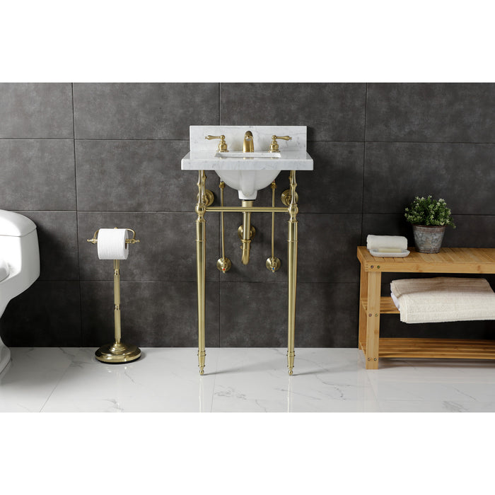 Kingston Heirloom KVPB1917M8SQ7 - Edwardian 19-Inch Carrara Marble Console Sink with Brass Legs (8-Inch, 3-Hole), Carrara Marble White/Brushed Brass