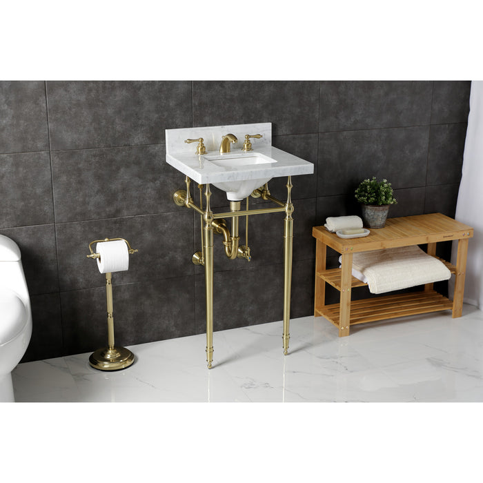Kingston Heirloom KVPB1917M8SQ7 - Edwardian 19-Inch Carrara Marble Console Sink with Brass Legs (8-Inch, 3-Hole), Carrara Marble White/Brushed Brass