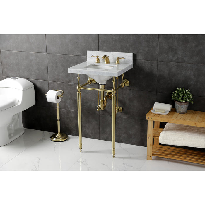 Kingston Heirloom KVPB1917M8SQ7 - Edwardian 19-Inch Carrara Marble Console Sink with Brass Legs (8-Inch, 3-Hole), Carrara Marble White/Brushed Brass