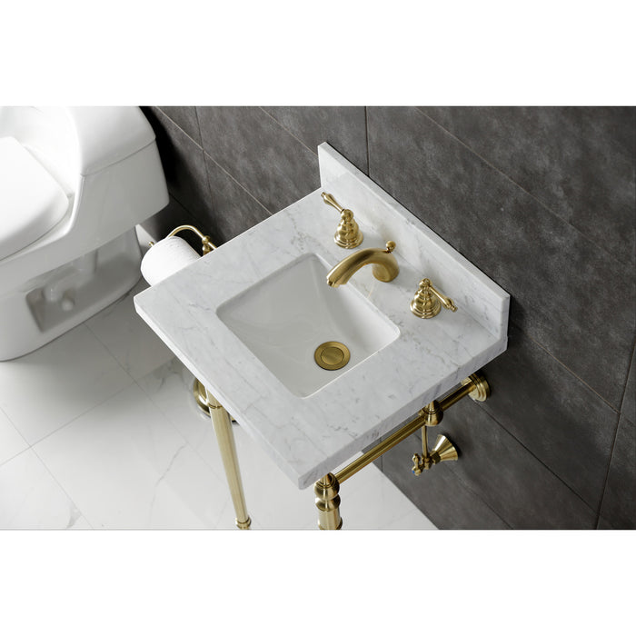 Kingston Heirloom KVPB1917M8SQ7 - Edwardian 19-Inch Carrara Marble Console Sink with Brass Legs (8-Inch, 3-Hole), Carrara Marble White/Brushed Brass