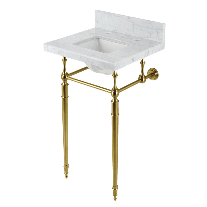 Kingston Heirloom KVPB1917M8SQ7 - Edwardian 19-Inch Carrara Marble Console Sink with Brass Legs (8-Inch, 3-Hole), Carrara Marble White/Brushed Brass
