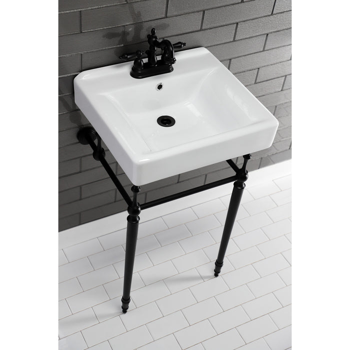 Kingston Heirloom KVPB2018W40 - Edwardian 20-Inch Porcelain Console Sink with Brass Legs (4-Inch, 3-Hole), White/Matte Black
