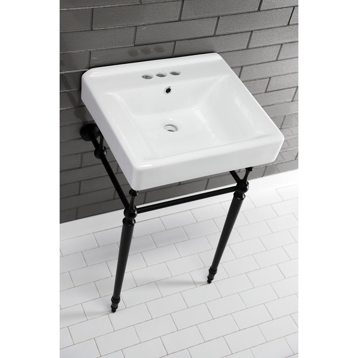 Kingston Heirloom KVPB2018W40 - Edwardian 20-Inch Porcelain Console Sink with Brass Legs (4-Inch, 3-Hole), White/Matte Black