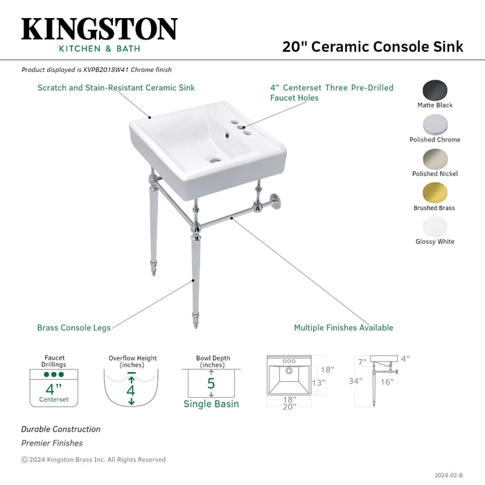 Kingston Heirloom KVPB2018W41 - Edwardian 20-Inch Porcelain Console Sink with Brass Legs (4-Inch, 3-Hole), White/Polished Chrome