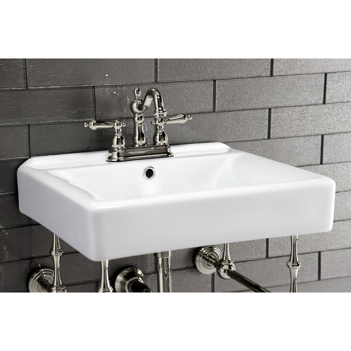 Edwardian KVPB2018W46 20-Inch Porcelain Console Sink with Brass Legs (4-Inch, 3-Hole), White/Polished Nickel