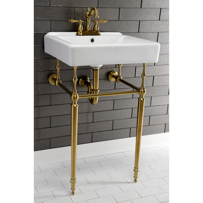 Kingston Heirloom KVPB2018W47 - Edwardian 20-Inch Porcelain Console Sink with Brass Legs (4-Inch, 3-Hole), White/Brushed Brass