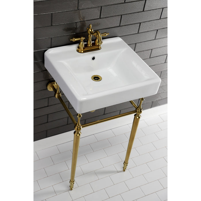Kingston Heirloom KVPB2018W47 - Edwardian 20-Inch Porcelain Console Sink with Brass Legs (4-Inch, 3-Hole), White/Brushed Brass