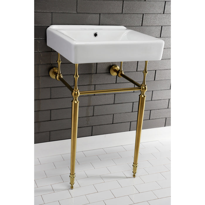 Kingston Heirloom KVPB2018W47 - Edwardian 20-Inch Porcelain Console Sink with Brass Legs (4-Inch, 3-Hole), White/Brushed Brass