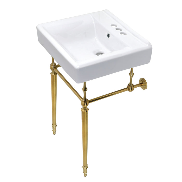 Kingston Heirloom KVPB2018W47 - Edwardian 20-Inch Porcelain Console Sink with Brass Legs (4-Inch, 3-Hole), White/Brushed Brass