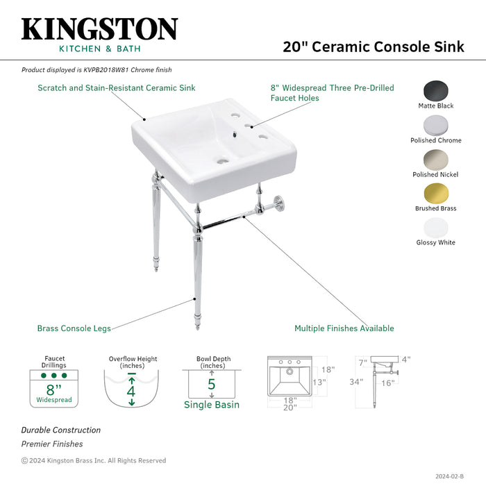 Kingston Heirloom KVPB2018W86 - Edwardian 20-Inch Porcelain Console Sink with Brass Legs (8-Inch, 3-Hole), White/Polished Nickel