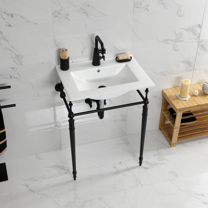 Kingston Heirloom KVPB24187W1MB - Edwardian 24-Inch Ceramic Console Sink with Brass Legs (1-Hole), White/Matte Black
