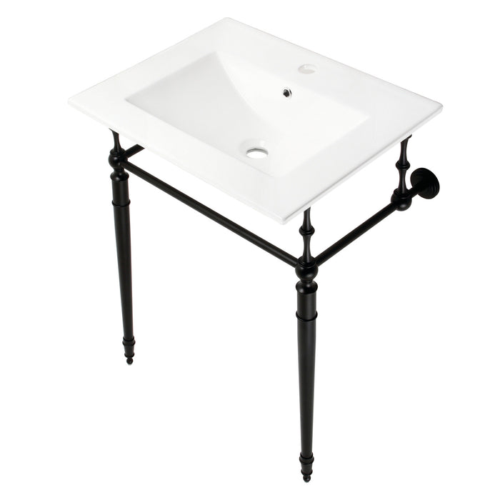 Kingston Heirloom KVPB24187W1MB - Edwardian 24-Inch Ceramic Console Sink with Brass Legs (1-Hole), White/Matte Black