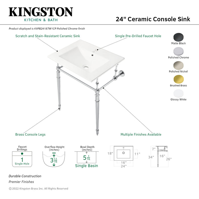 Kingston Heirloom KVPB24187W1PN - Edwardian 24-Inch Ceramic Console Sink with Brass Legs (1-Hole), White/Polished Nickel