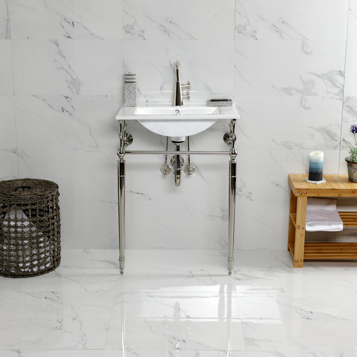 Kingston Heirloom KVPB24187W1PN - Edwardian 24-Inch Ceramic Console Sink with Brass Legs (1-Hole), White/Polished Nickel
