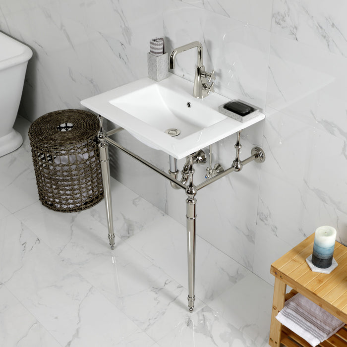 Kingston Heirloom KVPB24187W1PN - Edwardian 24-Inch Ceramic Console Sink with Brass Legs (1-Hole), White/Polished Nickel