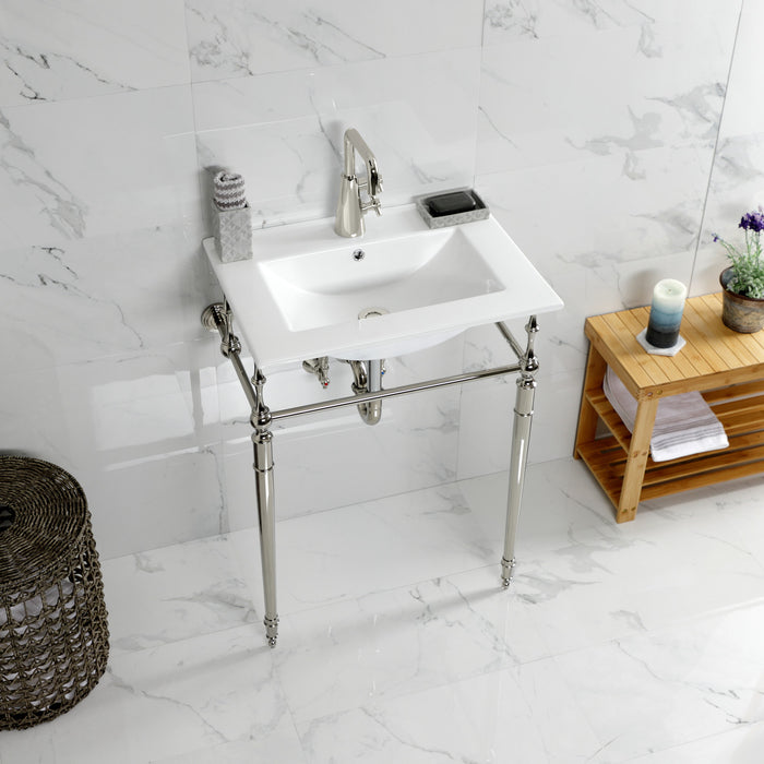 Kingston Heirloom KVPB24187W1PN - Edwardian 24-Inch Ceramic Console Sink with Brass Legs (1-Hole), White/Polished Nickel