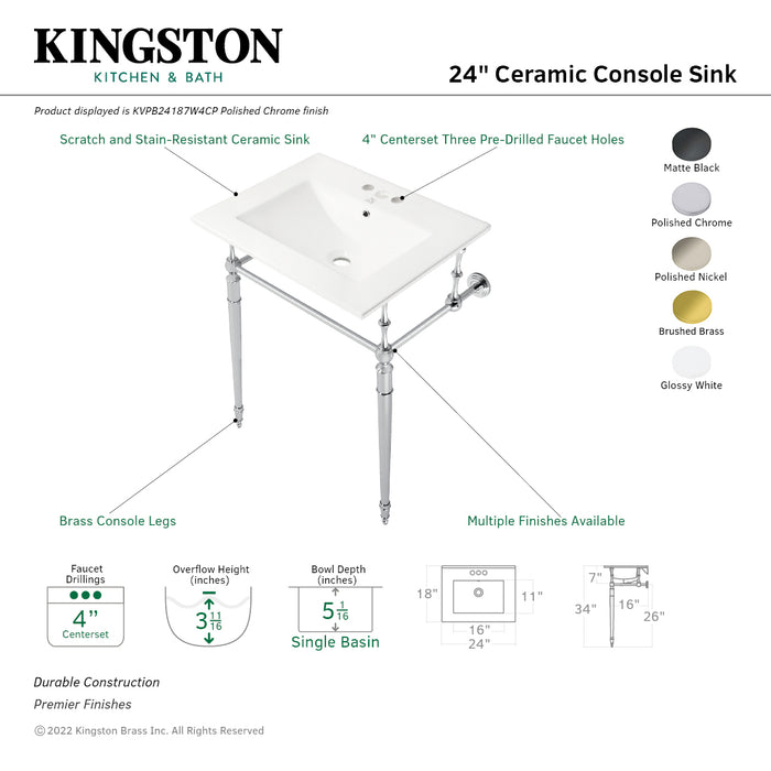 Kingston Heirloom KVPB24187W4CP - Edwardian 24-Inch Ceramic Console Sink with Brass Legs (4-Inch, 3-Hole), White/Polished Chrome