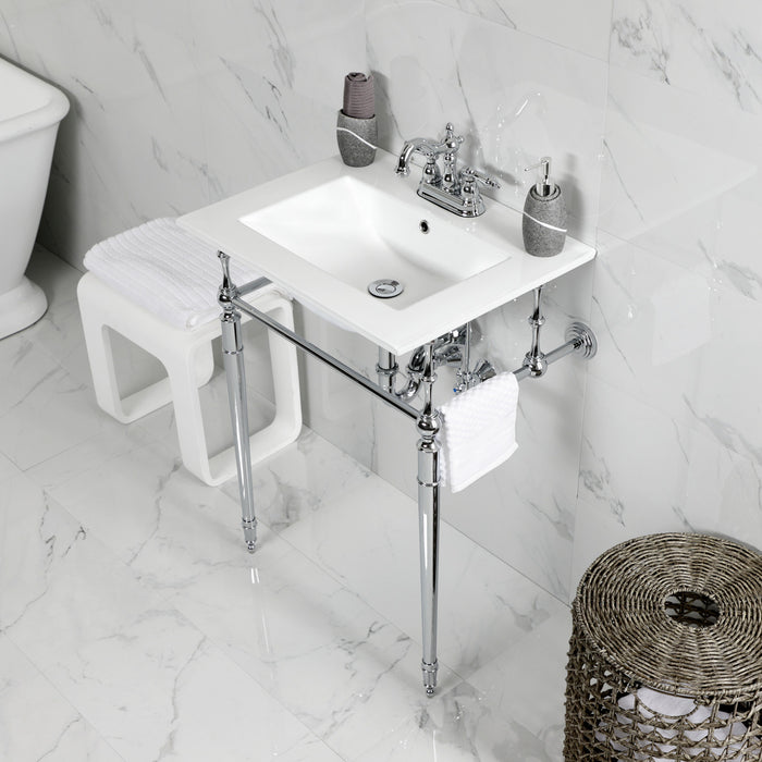Kingston Heirloom KVPB24187W4CP - Edwardian 24-Inch Ceramic Console Sink with Brass Legs (4-Inch, 3-Hole), White/Polished Chrome