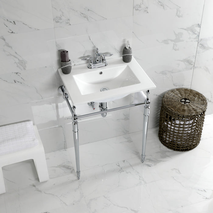 Kingston Heirloom KVPB24187W4CP - Edwardian 24-Inch Ceramic Console Sink with Brass Legs (4-Inch, 3-Hole), White/Polished Chrome