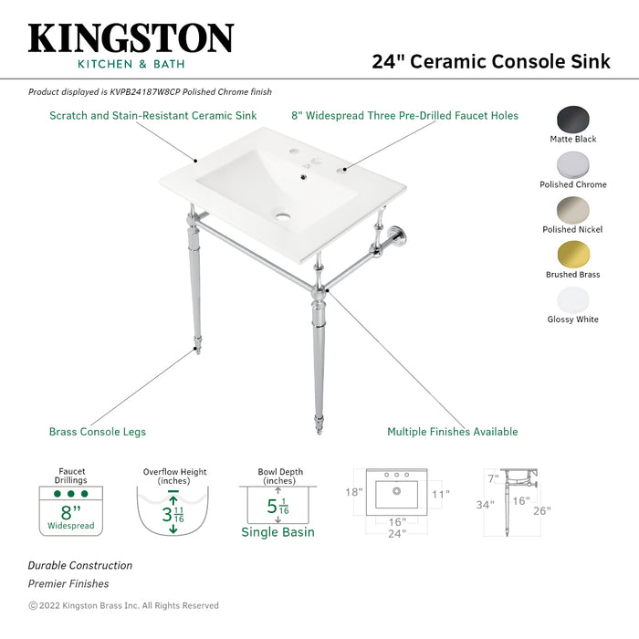 Kingston Heirloom KVPB24187W8BB - Edwardian 24-Inch Ceramic Console Sink with Brass Legs (8-Inch, 3-Hole), White/Brushed Brass