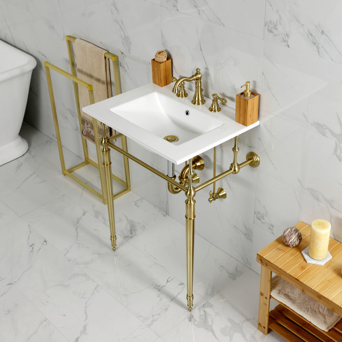 Kingston Heirloom KVPB24187W8BB - Edwardian 24-Inch Ceramic Console Sink with Brass Legs (8-Inch, 3-Hole), White/Brushed Brass