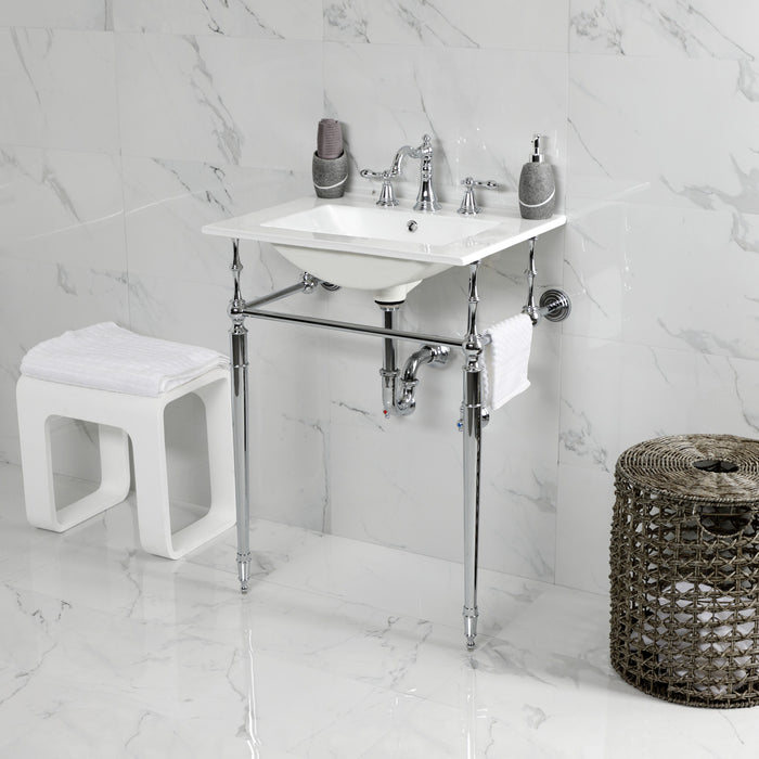 Kingston Heirloom KVPB24187W8CP - Edwardian 24-Inch Ceramic Console Sink with Brass Legs (8-Inch, 3-Hole), White/Polished Chrome