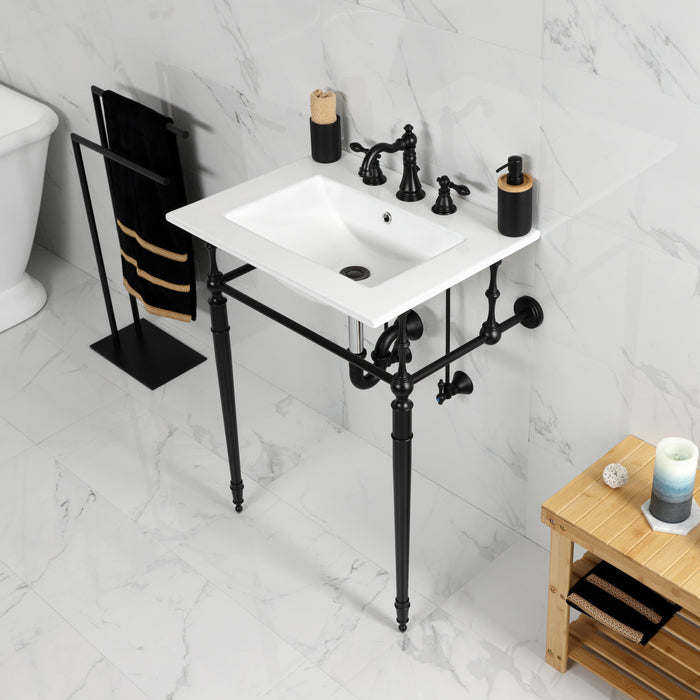Kingston Heirloom KVPB24187W8MB - Edwardian 24-Inch Ceramic Console Sink with Brass Legs (8-Inch, 3-Hole), White/Matte Black