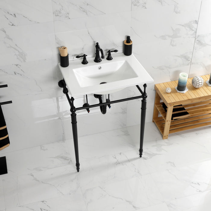 Kingston Heirloom KVPB24187W8MB - Edwardian 24-Inch Ceramic Console Sink with Brass Legs (8-Inch, 3-Hole), White/Matte Black